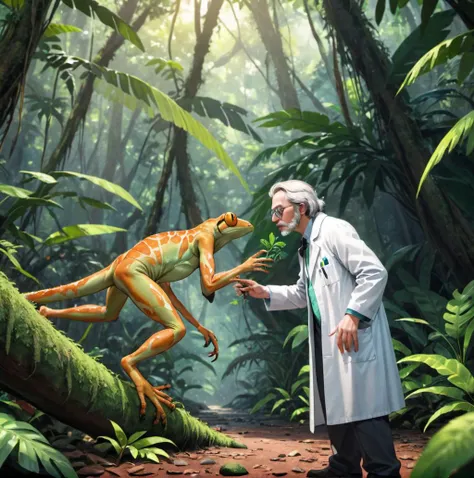 A male scientist examining a new species in a rainforest., high resolution, best quality, 4k, detailed background, dynamic angle, dynamic pose, full body shot