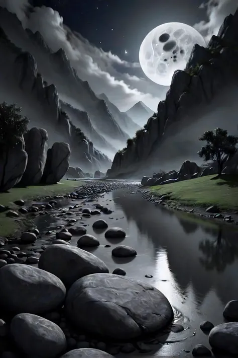 arafed view of a mountain valley with a river in the foreground, surreal tears from the moon, realistic. dark atmosphere, pierre pellegrini and ash thorp, bleak. big stones, dark bringer, greg rutkowski h 768, endless night, 4 k photoshopped image, (insanely detailed, beautiful detailed face, masterpiece, best quality),