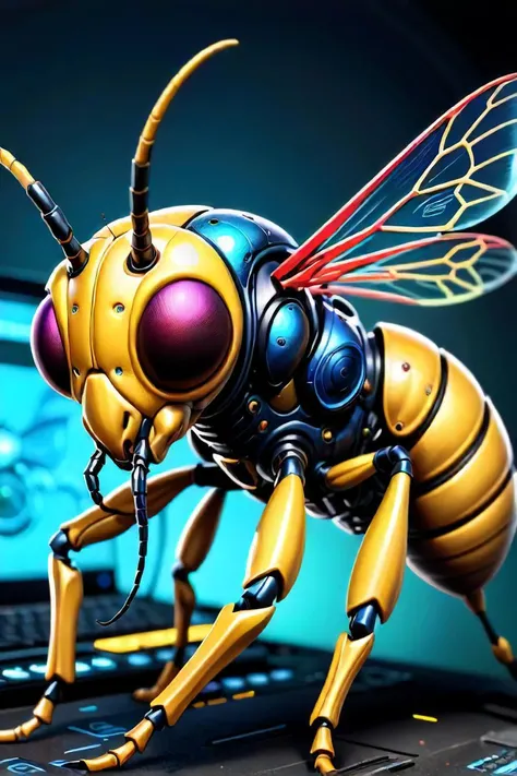 there is a colorful insect with a big head and a long antennae, cyberpunk cyborg wasp, biopunk cyborg wasp, cyberpunk bee, steampunk insect, cyborg wasp, insect, detailed. insect like, 3d render of intricate wasp, dan mumford. octane render, insectoid, thopter from magic the gathering, by brian despain, style of jeff soto