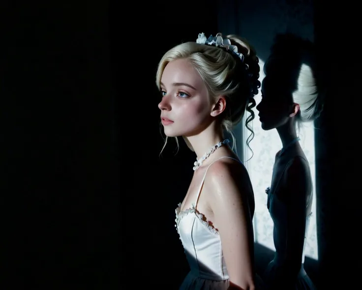 (((2girls))),(((white rococo))),highly detailed skin with freckles ,21 year old,(tears),(intricate details, masterpiece, best quality:1.4), <lora:add-detail-xl:1> <lora:Cosine_freck:.5>, low key photography, dramatic lighting, deep shadows, rich contrast, moody atmosphere, intense emotions, cinematic feel, mysterious ambiance, emphasizing shape and form, creating depth, evoking drama, storytelling through shadows, professional technique