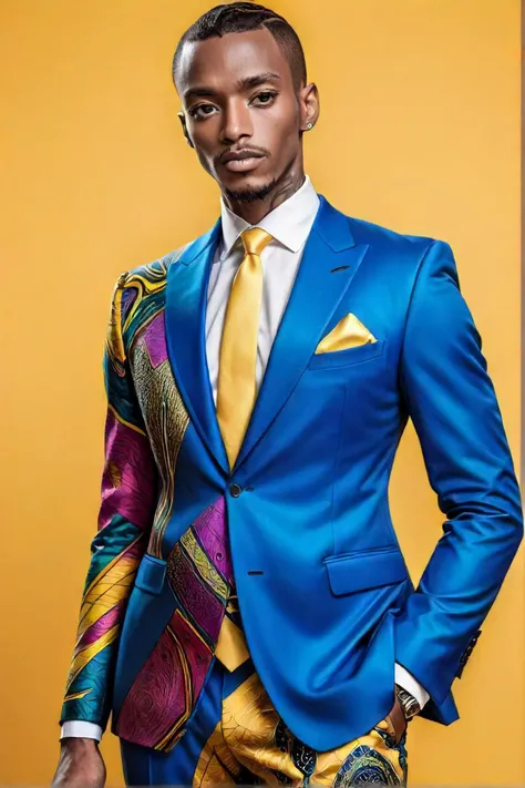 a photograph of , a man in a suit and tie standing against a yellow background, a photo inspired by chinwe chukwuogo roy, pixabay, maximalism, intricate suit, wearing a colorful men's suit, modern maximalist suit