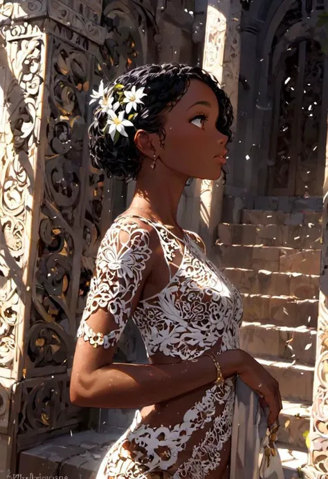 1girl, ebony woman, featuring intricate details,
best quality, masterpiece, intricate detail , high environment detail, scatter density, high shadow detail