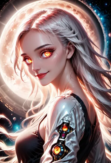 (finely detailed beautiful eyes2),(on the moon,space,looking back into earth),white hair,black tank top,volumetric lighting,white jacket,glowing headphone,cyberpunk,futuristic,multi-color eyes,detailed eyes,hyper detailed,light smile,highly detailed,beautiful,small details,intricate,hyperrealism,sharp,digital illustration,detailed,realism,intricate,trending on artstation,good anatomy,beautiful lighting,award-winning,photorealistic,realistic shadows,realistic lighting,beautiful lighting,raytracing,intricate details,moody,rule of thirds,(illustration),(extremely detailed CG,unity,wallpaper),beautiful face,highly detailed face,ultra realistic,bokeh,extremely detailed,intricate,zoomout,colorful,vibrant colors,red nail polish,side view