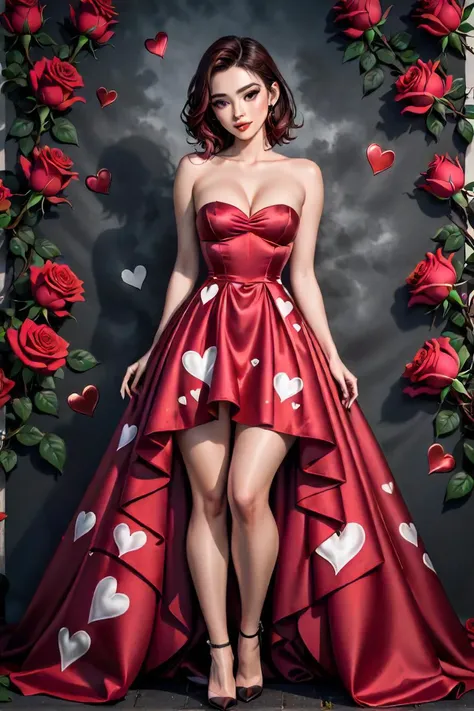 a woman in a red dress standing in front of roses, hyperreal highly detailed 8 k, strapless dress, hearts, a full color airbrushed, pink rosa, dark red color, x}  xx x  xa, : 5 stylish, satin, detailed image, jinyiwei, belle, full colour print, natural point rose', #trending, single image