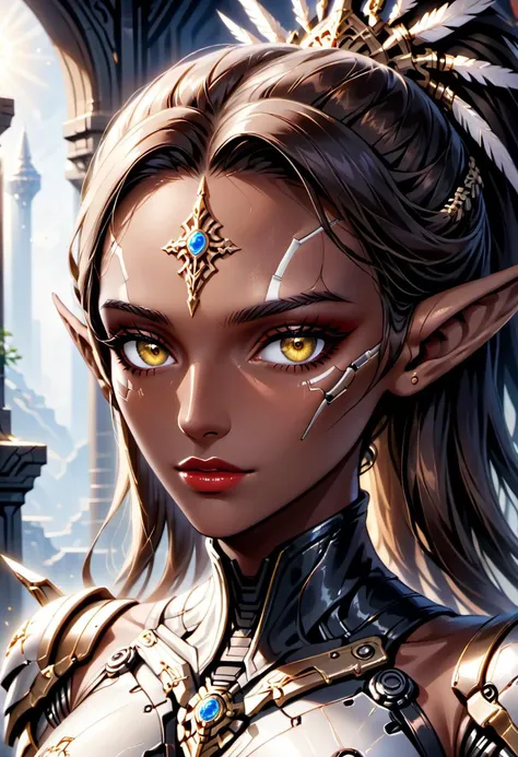 (((Fantasy Art))),Portrait,([beautiful female cyborg : dark elf:30]),(pointy ears),destiny and honor,courage of the brave,highly detailed,(dark skin),intricate,fantasy style,fantasy theme,
