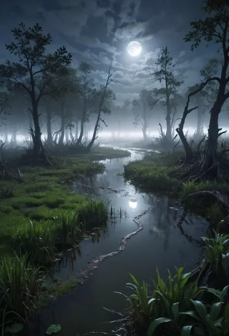 A swamp where the fog becomes solid at night, forming paths and then dissipating., high resolution, best quality, 4k 8k, photorealistic, landscape imagery, trending on artstation, artstationHD, artstationHQ, 4k, 8k