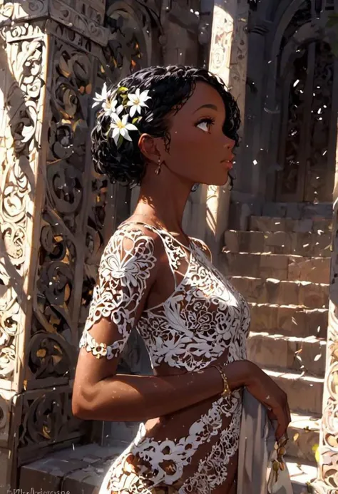 1girl, ebony woman, featuring intricate details,
best quality, masterpiece, intricate detail , high environment detail, scatter density, high shadow detail