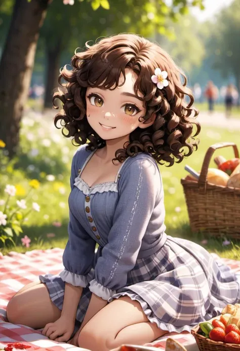 a girl in picnic,flower blossom,curly hair,look at viewer,smirk,soft lighting,bokeh, detailed background, dynamic angle, dynamic pose, full body shot