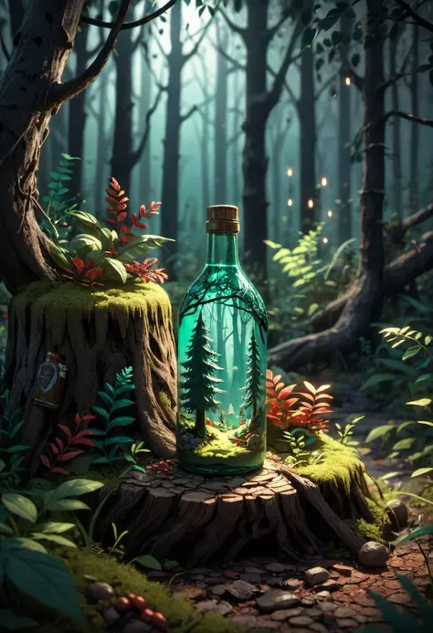 (An intricate forest minitown landscape trapped in a bottle),atmospheric oliva lighting,on the table,UHD,dark vibes,hyper detailed,vibrant colours,epic composition,octane render,sharp focus,isometric, detailed background, dynamic angle, dynamic pose, full body shot