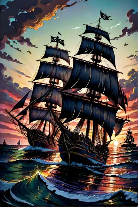 painting of two ships in the ocean at sunset, dan mumford and albert bierstadt, dan mumford and thomas kinkade, sailing ships, dramatic nautical scene, painting by dan mumford, pirate ships at war at night, gothic ship on ocean, ships with sails, pirate ships, dan mumford paint, ( ( ( ( ( dan mumford ) ) ) ) )