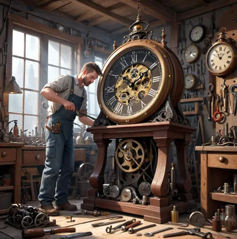A man repairing an old clock in a workshop filled with tools., high resolution, best quality, 4k, detailed background, dynamic angle, dynamic pose, full body shot