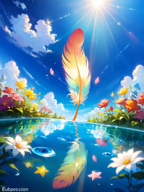 (The best lighting, the best shadows, an extremely delicate and beautiful), ((only water)), clear and blue-green sky, water as smooth as a mirror, petals, clouds connecting water and sky, (colored clouds), depth of field, beautiful detail sky, blue sky, beautiful detail clouds, beautiful detail water, reflection pool, ((extremely detailed CG unified 8k wallpaper, masterpiece, best quality, super details)), dynamic angle, floating, fine details, (blooming), (shining), twinkling stars, feathers, nature, (sunlight), fairyland,