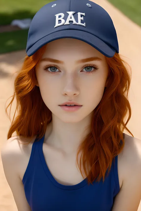 18yo woman, (perfect face, ginger hair, deep eyes, small narrow nose, surprised expression), baseball cap, tank top, outside, sunny day, closeup, pov face, masterpiece, best quality, ultra detailed, highres, from above,