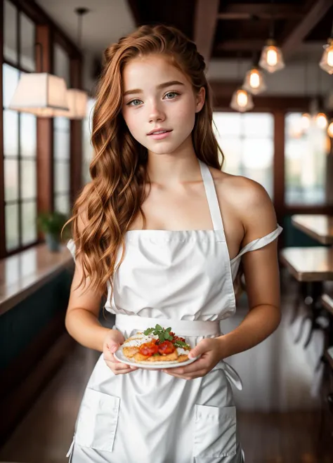 Manuela Vicious, waitress serving food in a small diner, loose shirt, apron, beautiful expressive eyes, detailed eyes, hair in a messy bun, happy, dynamic lighting, photorealistic, 8k uhd natural lighting, raw, rich, intricate details, key visual, atmospheric lighting, 35mm photograph, bokeh, professional, 4k, highly detailed