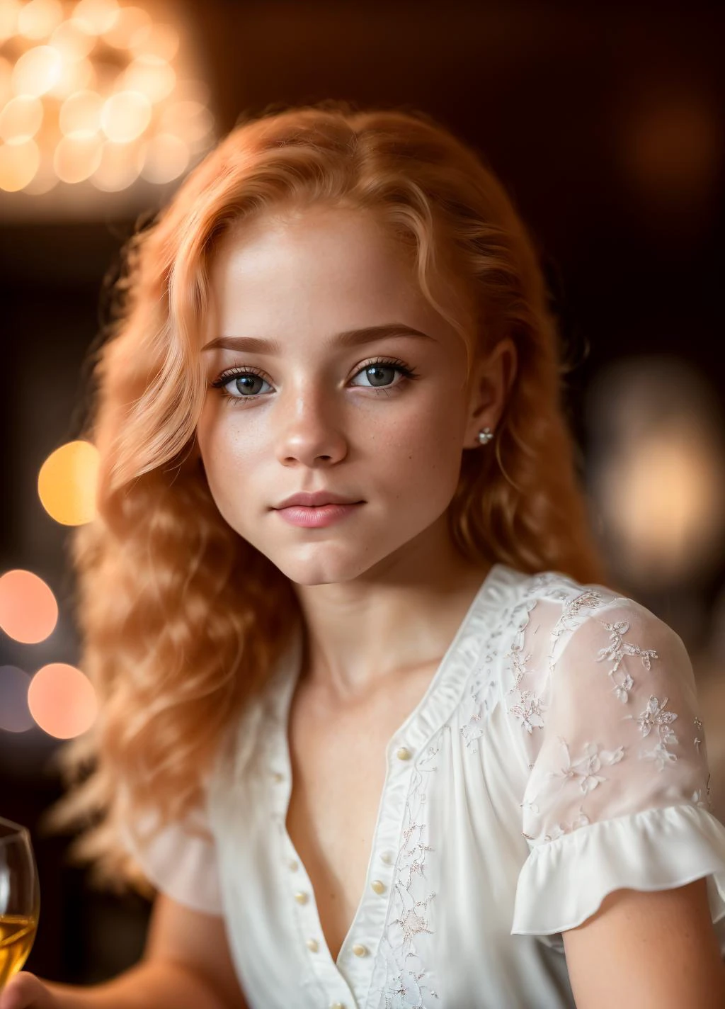 JuliaAdamenko, in a dimly lit restaurant, classy blouse, low light, (8k, RAW photo, best quality, depth of field, ultra high res:1.2), (intricate, photorealistic, masterpiece, ultra-detailed), dynamic lighting