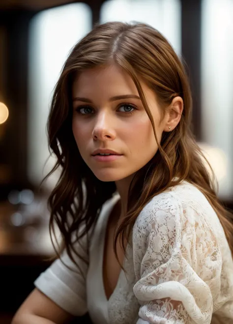 Kate Mara, professional head shot, leans on a table in a restaurant, perfect eyes, highly detailed beautiful expressive eyes, detailed eyes, glamorous hair, perfection gorgeous smile, light makeup, wearing a v-neck top, good atmosphere. large depth of field, deep depth of field, , (8k, RAW photo, best quality, depth of field, ultra high res:1.2), intricate, photorealistic, masterpiece, ultra-detailed), crisp, vivid lighting