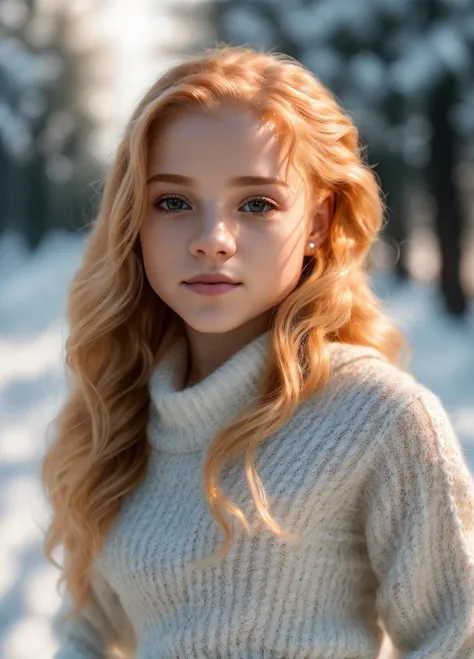 Julia Adamenko 1, beautiful girl wearing a thin athletic sweater, glamourous hair, depth of field, bokeh, morning in the snow, (masterpiece) (best quality) (detailed) (8k) (wallpaper) (cinematic lighting) (sharp focus) (intricate), dynamic lighting, vivid