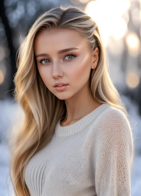 S357_PolinaMalinovskaya, beautiful girl wearing a thin athletic sweater, glamourous hair, depth of field, bokeh, morning in the snow, (masterpiece) (best quality) (detailed) (8k) (wallpaper) (cinematic lighting) (sharp focus) (intricate), dynamic lighting, vivid