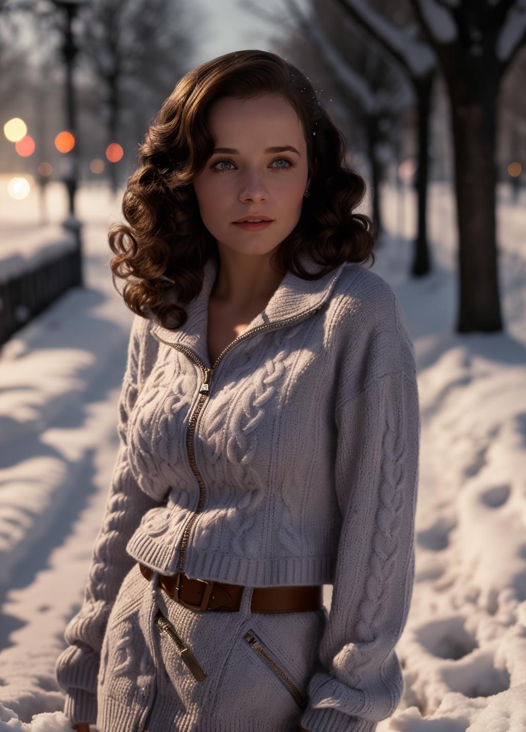 Arafed woman in a sweater and belt standing in the snow - SeaArt AI