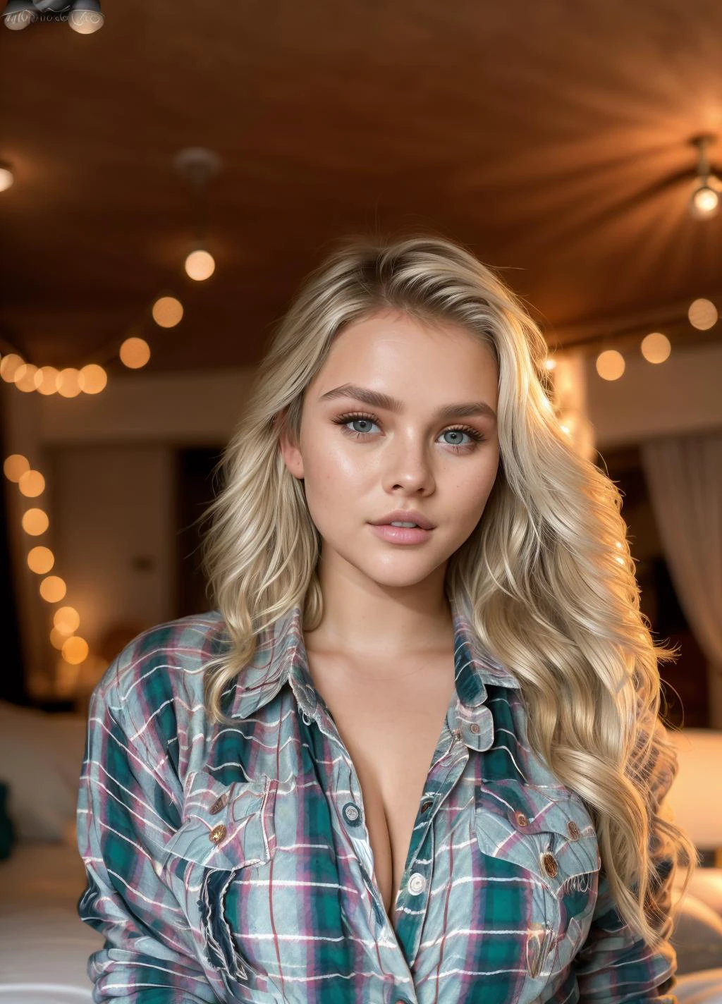 <lora:kinsey:1> blonde, kinsey,, wearing flannel shirt, depth of field bokeh, bedroom, (masterpiece) (best quality) (detailed) (8k) (wallpaper) (cinematic lighting) (sharp focus) (intricate), perfect, portrait , hyper detailed, amazing background, highly defined details 32k UHD, lifelike photo, vivid colors