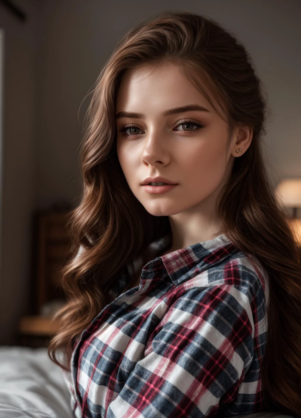 <lora:@lekG:1> @lekg_girl, wearing flannel shirt, depth of field bokeh, bedroom, (masterpiece) (best quality) (detailed) (8k) (wallpaper) (cinematic lighting) (sharp focus) (intricate), perfect, portrait , hyper detailed, amazing background, highly defined details 32k UHD, lifelike photo, vivid colors