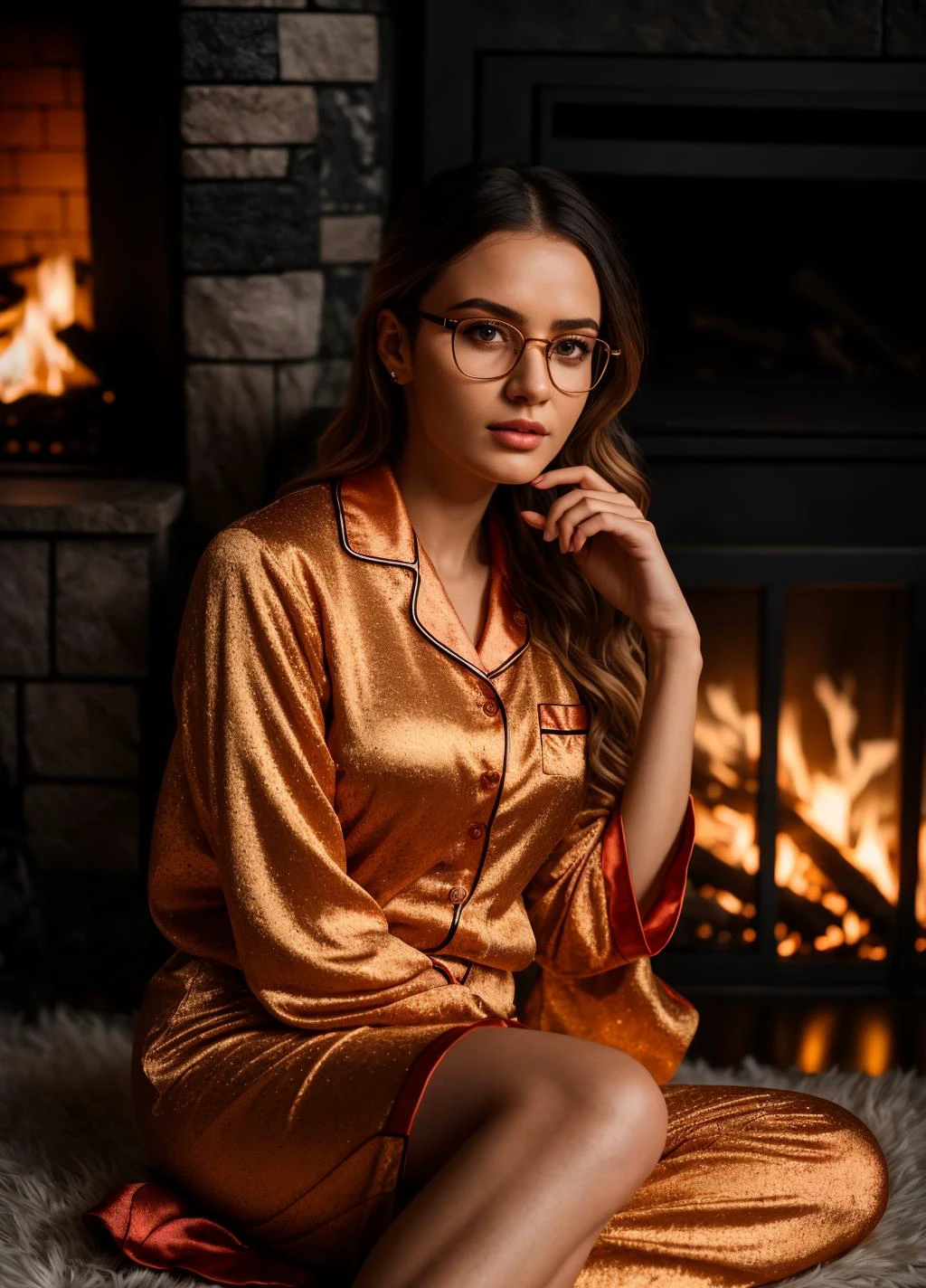 <lora:@ubrey_Spektor:1> @ubrey_spektor, glasses, silk pajamas, sitting by the fireplace, looking at camera, calm, serene, photorealistic, 8k uhd natural lighting, raw, rich, intricate details, key visual, atmospheric lighting, 35mm photograph, film, bokeh, professional, 4k, highly detailed, vivid colors
