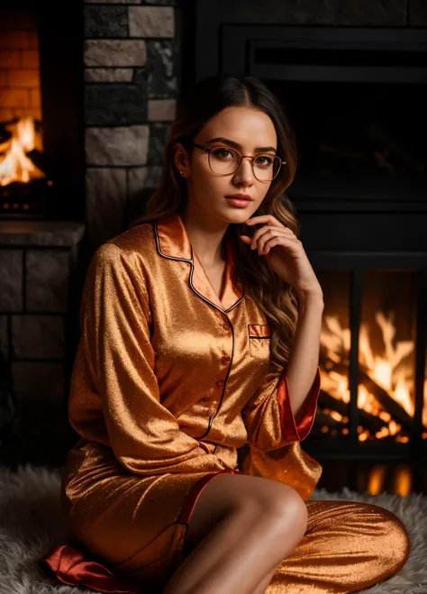 <lora:@ubrey_Spektor:1> @ubrey_spektor, glasses, silk pajamas, sitting by the fireplace, looking at camera, calm, serene, photorealistic, 8k uhd natural lighting, raw, rich, intricate details, key visual, atmospheric lighting, 35mm photograph, film, bokeh, professional, 4k, highly detailed,  vivid colors