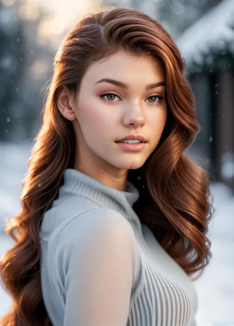 LauraO, beautiful girl wearing a thin athletic sweater, glamourous hair, depth of field, bokeh, morning in the snow, (masterpiece) (best quality) (detailed) (8k) (wallpaper) (cinematic lighting) (sharp focus) (intricate), dynamic lighting, vivid