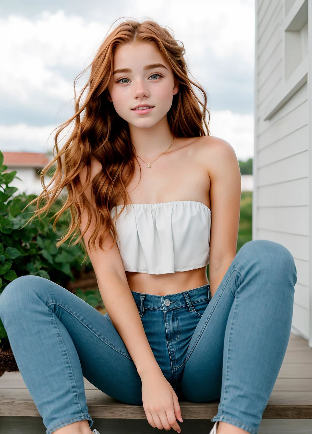 Manuela Vicious, seated with one leg extended and the other bent, hand resting on her thigh. She faces the camera, wearing a strapless crop top and light blue distressed jeans, paired with sneakers. She gazes directly at the viewer with a composed expression. The outdoor lighting is soft and warm, with a clear sky and subtle clouds in the background.