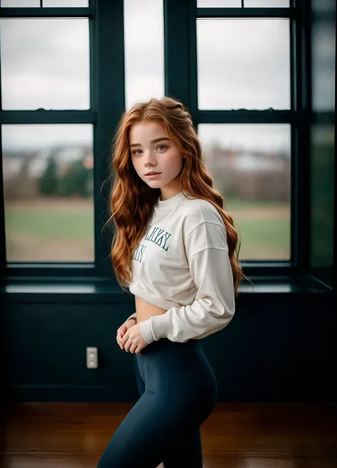 Manuela Vicious, (((masterpiece))),(((best quality))),highly detailed, (1girl), standing in front of a window, wearing yoga pants and sweatshirt, raining outside, detailed water, city lights reflecting off the window, dusk, dynamic lighting, shadows, kodak film, high budget, bokeh, moody, epic, gorgeous, film