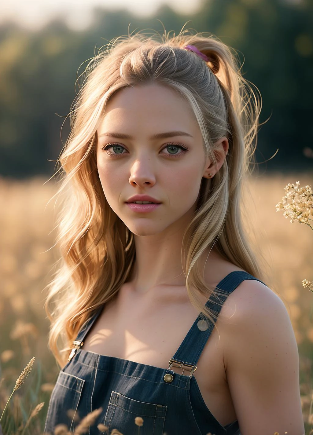 AmandaS_SoloTI_v1, 16mm, remarkable color, ultra realistic, analog photo, Beautiful super model, highly detailed face, seducing eyes, wearing overalls, cropped off-shoulder tank top, in a field of grass. Bright sunny day. bokeh, professional, 4k, highly detailed dynamic lighting, photorealistic, intricate details, key visual, vivid colors