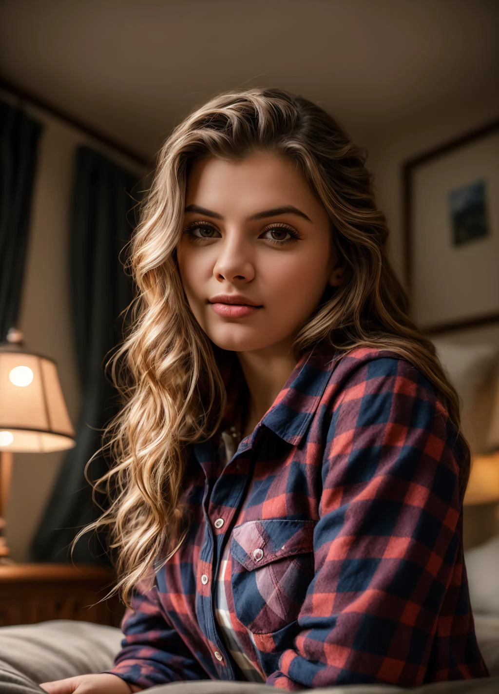 <lora:4lissaviolet:1> 4lissaviolet,, wearing flannel shirt, depth of field bokeh, bedroom, (masterpiece) (best quality) (detailed) (8k) (wallpaper) (cinematic lighting) (sharp focus) (intricate), perfect, portrait , hyper detailed, amazing background, highly defined details 32k UHD, lifelike photo, vivid colors
