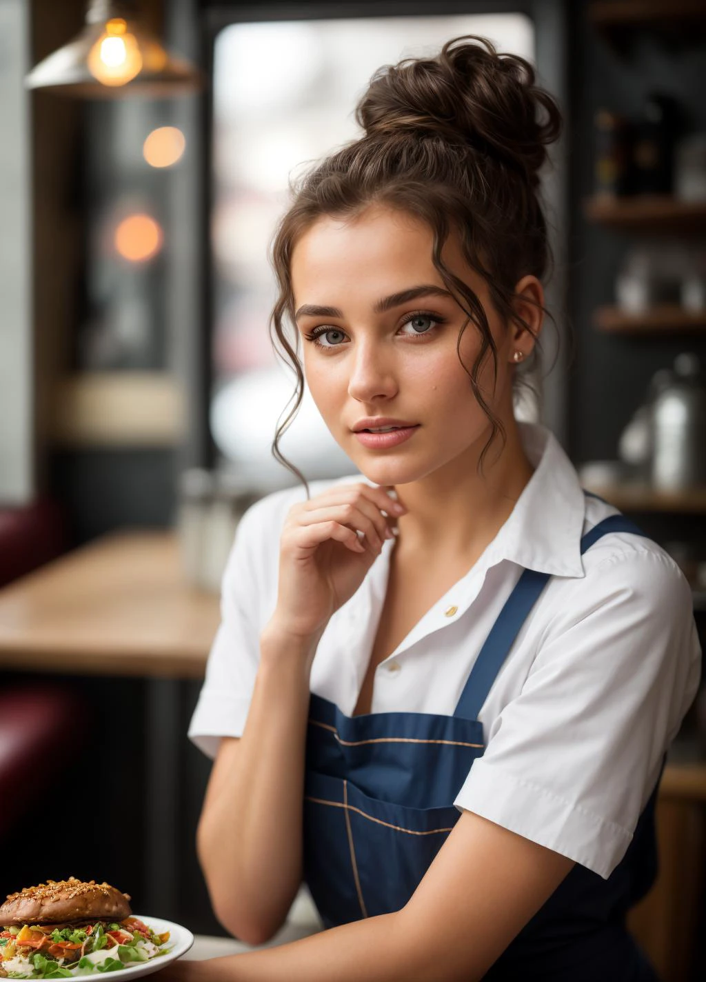 <lora:@leigha_Spektor_V1:1> @leigha_spektor, waitress serving food in a small diner, loose shirt, apron, beautiful expressive eyes, detailed eyes, hair in a messy bun, happy, dynamic lighting, photorealistic, 8k uhd natural lighting, raw, rich, intricate details, key visual, atmospheric lighting, 35mm photograph, bokeh, professional, 4k, highly detailed