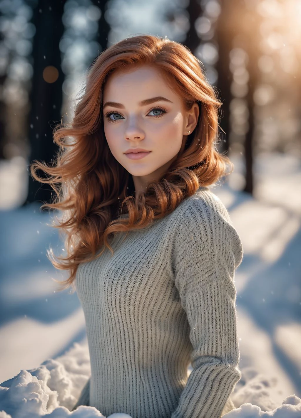 S147_JuliaAdamenko, beautiful girl wearing a thin athletic sweater, glamourous hair, depth of field, bokeh, morning in the snow, (masterpiece) (best quality) (detailed) (8k) (wallpaper) (cinematic lighting) (sharp focus) (intricate), dynamic lighting, vivid