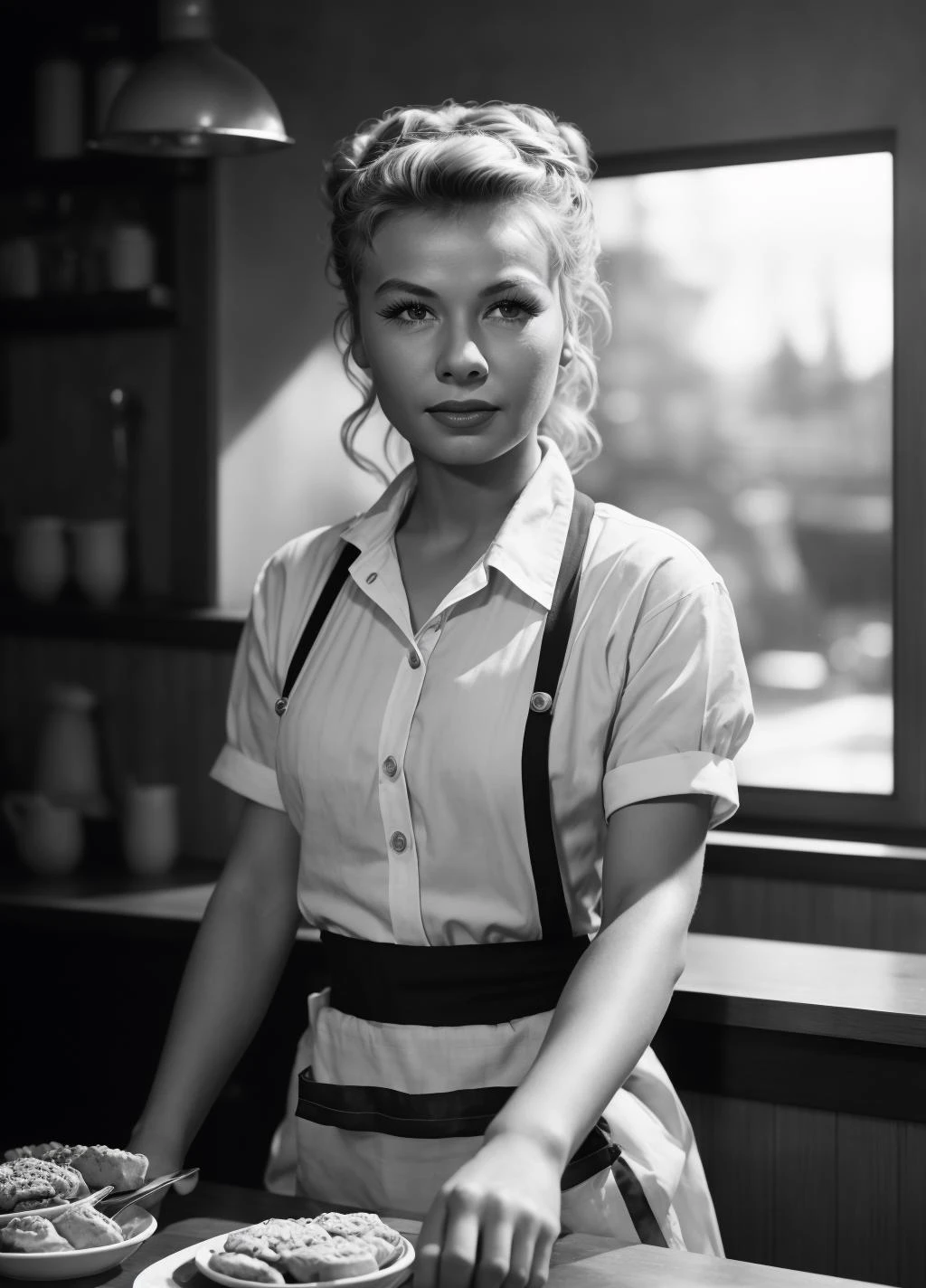 <lora:Vera Ellen_v3rl4n:1> v3rl4n, waitress serving food in a small diner, loose shirt, apron, beautiful expressive eyes, detailed eyes, hair in a messy bun, happy, dynamic lighting, photorealistic, 8k uhd natural lighting, raw, rich, intricate details, key visual, atmospheric lighting, 35mm photograph, bokeh, professional, 4k, highly detailed