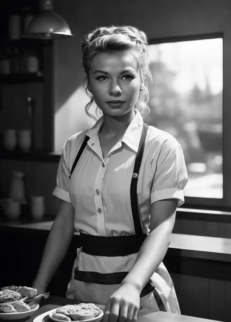 <lora:Vera Ellen_v3rl4n:1> v3rl4n, waitress serving food in a small diner, loose shirt, apron, beautiful expressive eyes, detailed eyes, hair in a messy bun, happy, dynamic lighting, photorealistic, 8k uhd natural lighting, raw, rich, intricate details, key visual, atmospheric lighting, 35mm photograph, bokeh, professional, 4k, highly detailed