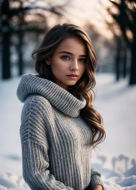 1girl, beautiful girl wearing a thin athletic sweater, glamourous hair, depth of field, bokeh, morning in the snow, (masterpiece) (best quality) (detailed) (8k) (wallpaper) (cinematic lighting) (sharp focus) (intricate), dynamic lighting, vivid