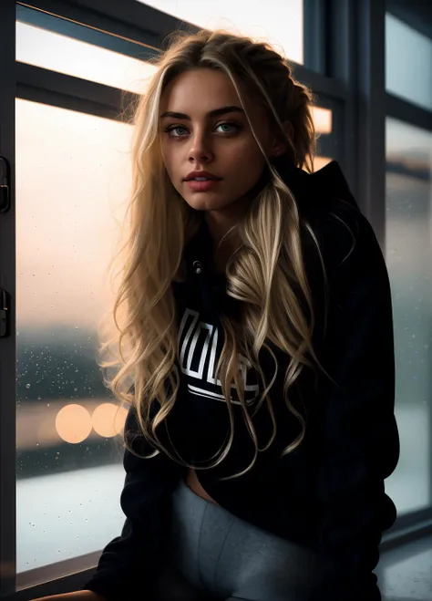0d4ddysg1rls5, (((masterpiece))),(((best quality))),highly detailed, (1girl), standing in front of a window, wearing yoga pants and sweatshirt, raining outside, detailed water, city lights reflecting off the window, dusk, dynamic lighting, shadows, kodak film, high budget, bokeh, moody, epic, gorgeous, film