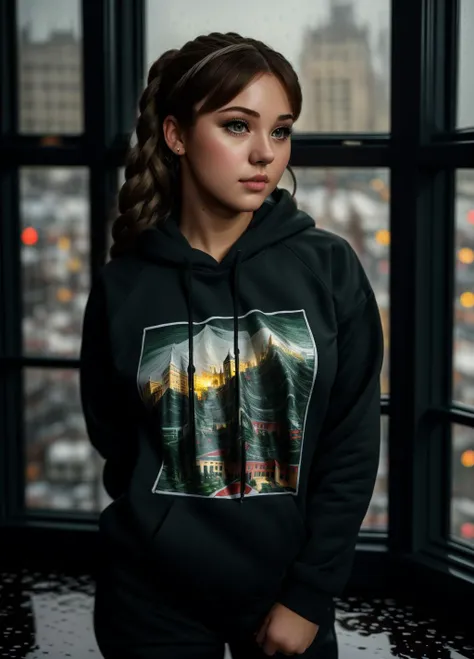 <lora:Angie Griffin:1>ang13gr1, (((masterpiece))),(((best quality))),highly detailed, (1girl), standing in front of a window, wearing track pants and sweatshirt, raining outside, detailed water, city lights reflecting off the window, dusk, dynamic lighting, shadows, kodak film, high budget, bokeh, moody, epic, gorgeous, film