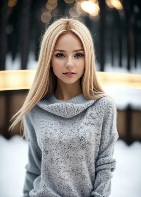 1girl<lora:Mel_m2lb4:1.0>m2lb4-focus, blonde, beautiful girl wearing a thin athletic sweater, glamourous hair, depth of field, bokeh, morning in the snow, (masterpiece) (best quality) (detailed) (8k) (wallpaper) (cinematic lighting) (sharp focus) (intricate), dynamic lighting, vivid