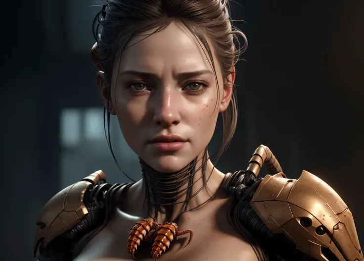 portrait of a beautiful girl with scorpions around her, slight smile, digital painting, concept art, sharp focus, illustration, au naturel, hyper detailed, digital art, trending in artstation, cinematic lighting, studio quality, smooth render, unreal engine 5 rendered, octane rendered, art by hajime sorayama h 6 4 0