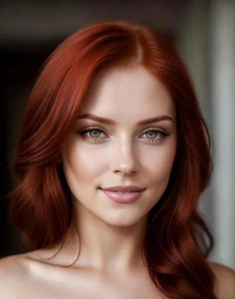 red hair, professional head shot, perfect eyes, highly detailed beautiful expressive eyes, detailed eyes, glamorous hair, perfection gorgeous smile, light makeup, good atmosphere. large depth of field, deep depth of field, (8k, RAW photo, best quality, depth of field, ultra high res:1.2), intricate, photorealistic, masterpiece, ultra-detailed), crisp, vivid lighting