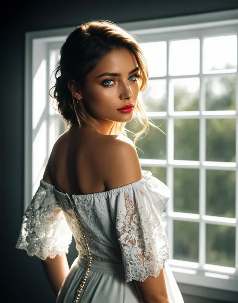 HDR photo of beautiful young woman, from behind, looking over her shoulder, perfect eyes, highly detailed beautiful expressive eyes, detailed eyes, fair complexion, light makeup, light colored lipstick, gorgeous off the shoulder blouse, standing in a very dark room, large windows in the background . High dynamic range, vivid, rich details, clear shadows and highlights, realistic, intense, enhanced contrast, highly detailed