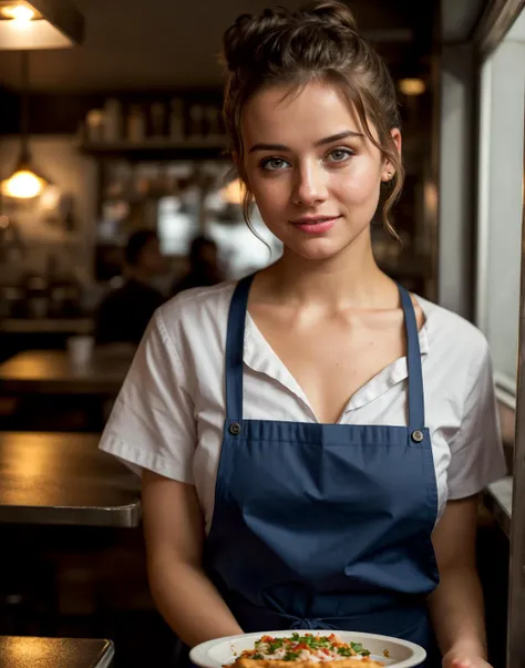 waitress serving food in a small diner, loose shirt, apron, beautiful expressive eyes, detailed eyes, hair in a messy bun, happy, dynamic lighting, photorealistic, 8k uhd natural lighting, raw, rich, intricate details, key visual, atmospheric lighting, 35mm photograph, bokeh, professional, 4k, highly detailed