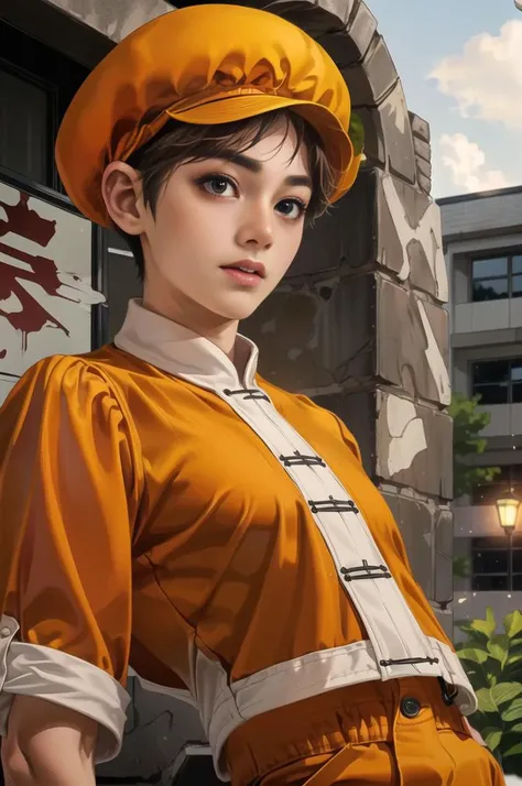 BaoKOF, orange hat, ((orange shirt:1.1)), ((12 yo teen:1.2)), ((orange shorts:1.1)), portrait, detailed eyes, ((at school:1.2)), ((medium shot:1.2)), 1boy, brown hair, highres, perfect picture, highly detailed, high contrast ,, <lora:BaoKOF:0.92> sharp image, perfect contrast, serious, big eyes, anime style , solo