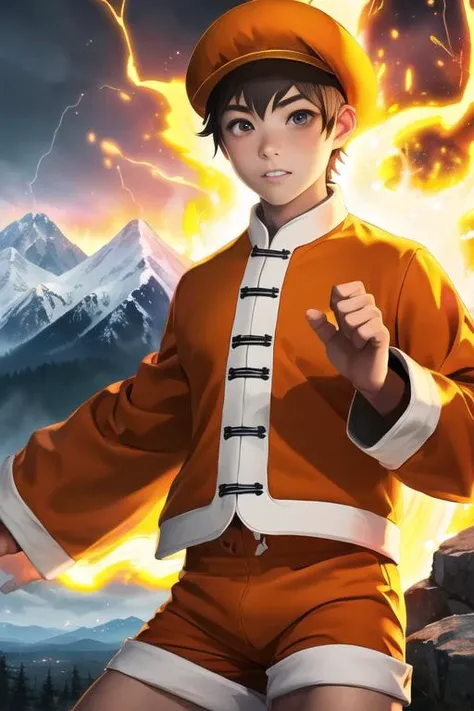 masterpiece:1.2, BaoKOF, 1boy, male teenager, orange hat, ((orange shirt:1.1)), ((12 yo teen:1.2)), child, ((orange shorts:1.1)),  portrait, detailed eyes, ((at mountain:1.2)), flames on his his hands, storm as background, energy, fire,  action scene,  1boy, brown hair, highres, perfect picture, highly detailed, high contrast ,, <lora:BaoKOF:0.90> sharp image, perfect contrast, serious, big eyes, anime style , solo, (( hidden hands:1.2))