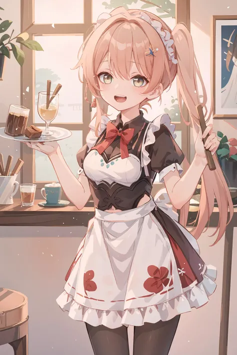 1girl, guinaifen \(honkai: star rail\), side ponytail, solo, maid, maid headdress, maid apron, pantyhose, open mouth, laughing, holding plate, looking at viewer, cowboy shot, bar \(place\), indoors, depth of field, masterpiece