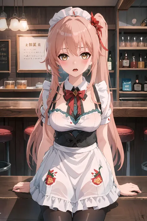 1girl, guinaifen \(honkai: star rail\), side ponytail, solo, maid, maid headdress, maid apron, embarrassed, pantyhose, open mouth, blush, parted lips, looking at viewer, cowboy shot, bar \(place\), indoors, depth of field, masterpiece