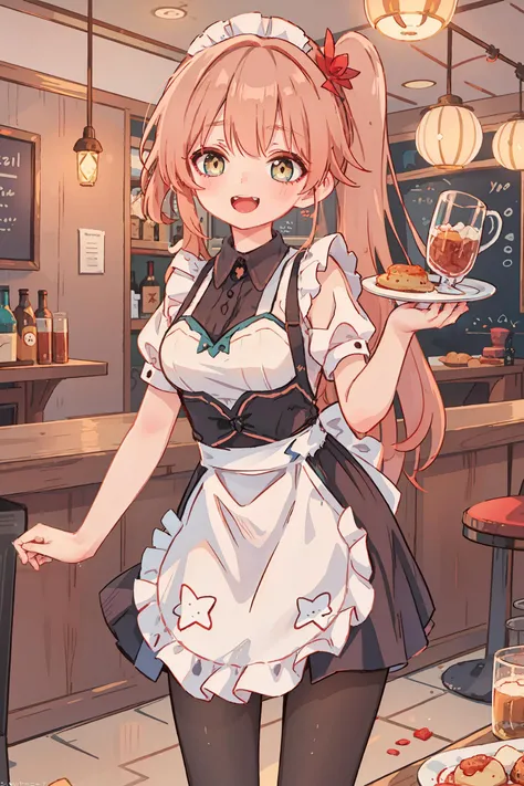 1girl, guinaifen \(honkai: star rail\), side ponytail, solo, maid, maid headdress, maid apron, pantyhose, open mouth, laughing, holding plate, looking at viewer, cowboy shot, bar \(place\), indoors, depth of field, masterpiece
