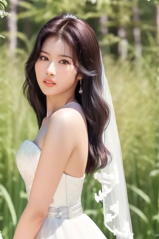 black hair, <lora:twiceSanaV1:1>,Sana,(close-up photo:1.3),(pov:1.1),korean, woman, complex 3d render ultra detailed, portrait of beautiful woman,, moody portrait, striking features, beauty, intricate details, dramatic composition, tension, contrast, texture, realism, high-quality rendering, stunning art, high quality, film grain, Fujifilm XT3,swirly bokeh,(realistic, photo-realistic:1.4),RAW photo,physically-based rendering,(looking at viewer:1.4),(8k, best quality, masterpiece:1.2),(full body shot:1.1),octane render,extremely detailed CG, unity 8k wallpaper,(studio soft light, rim light,in forest,sunlight:1.2),standing,(a girl is wearing wedding dress:1.5),hyper realistic detail shiny skin,ultra detailed,(ultra realistic:1.5),(intricate:1.2),(photorealistic:1.4),1girl,(skinny:1.3),detailed background
